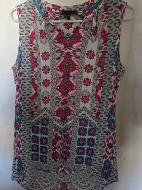 Tribal Sleeveless Printed Tank in Pink, Gray & Teal
